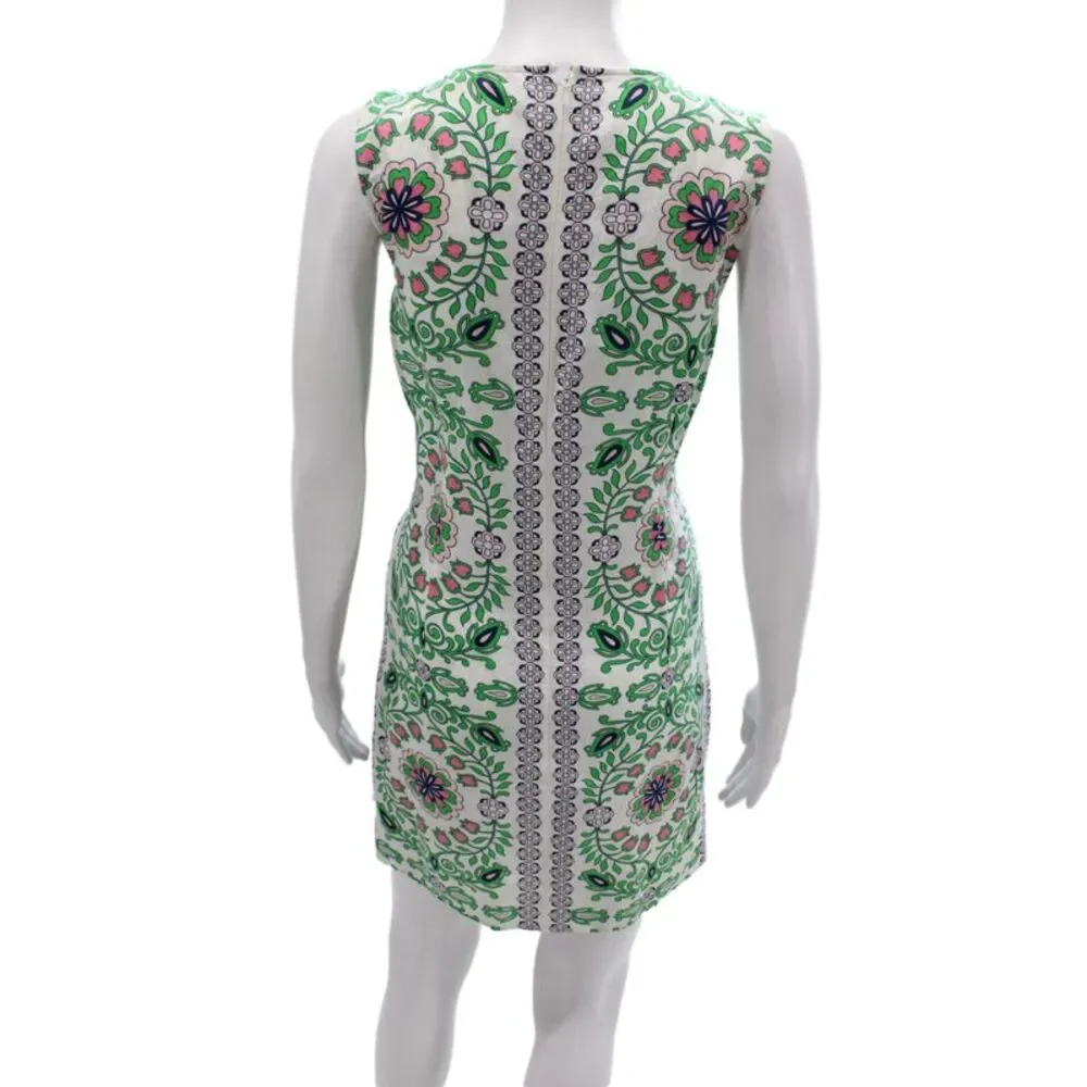 Tory Burch Womens Shift Dress Green Floral Linen Sleeveless Roundneck Zip Size L